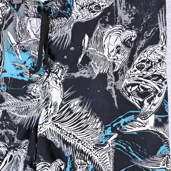 VTG Y2K Joe Boxer Mens 40 Black Blue Piranha AOP Skull Board Shorts Swim Trunks - Picture 1 of 9